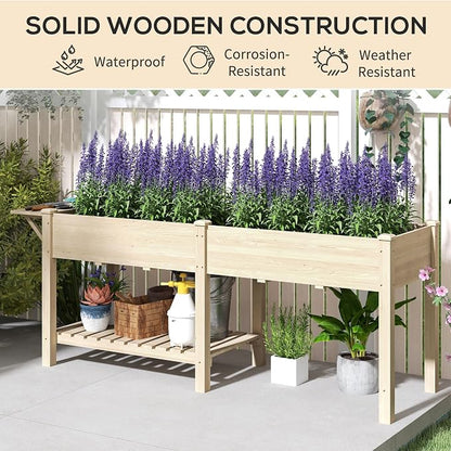 Outsunny Raised Garden Bed, Wood Elevated Planter Box with Side Table, Bottom Shelf, Outdoor Raised Planter with Bed Liners, Drainage Holes for Vegetable Flower, 81.5 x 23 x 31 in, Natural