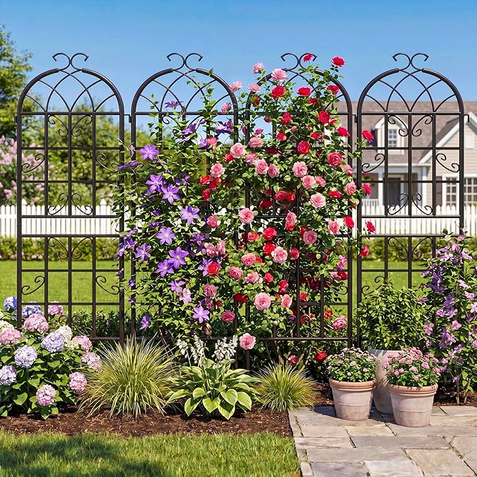 2-Pack 71" Black Metal Garden Trellises with Butterfly Design | Black metal trellises with butterfly arch design, scrollwork, spiked legs, and vertical support for roses, vines, or veggies