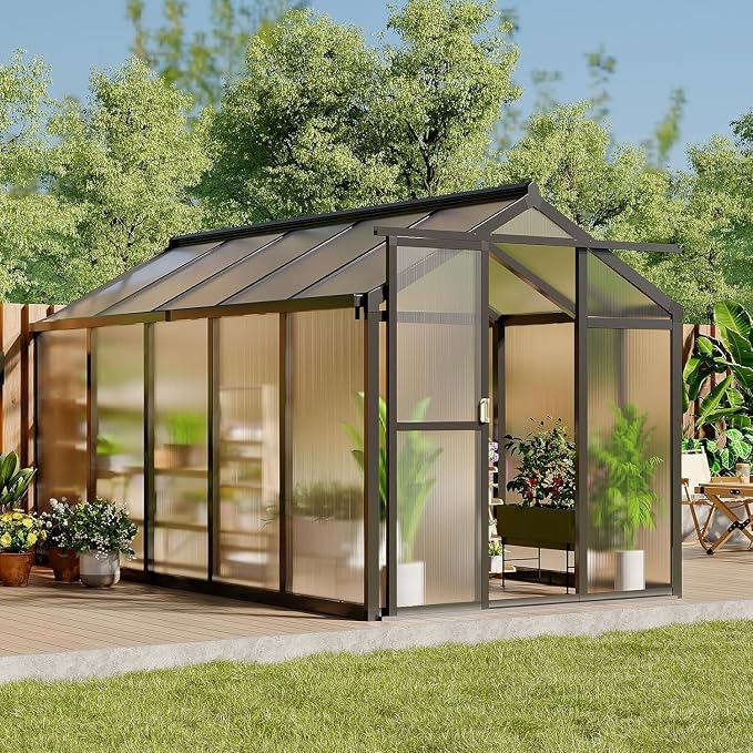 6 x 8 ft Greenhouse, Greenhouses for Outside, Polycarbonate Greenhouse with Aluminum Frame, Lockable Door and Ajustable Roof Vent for Backyard, Green Houses for Outside Garden Backyard, Patio