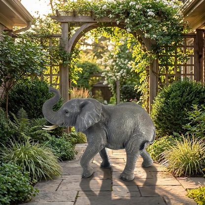 28" Large Elephant Garden Statue with Raised Trunk, Lifelike All-Weather Waterproof Resin Sculpture, Outdoor Yard Patio Lawn Decor, Lucky Feng Shui Ornament, Housewarming Gift