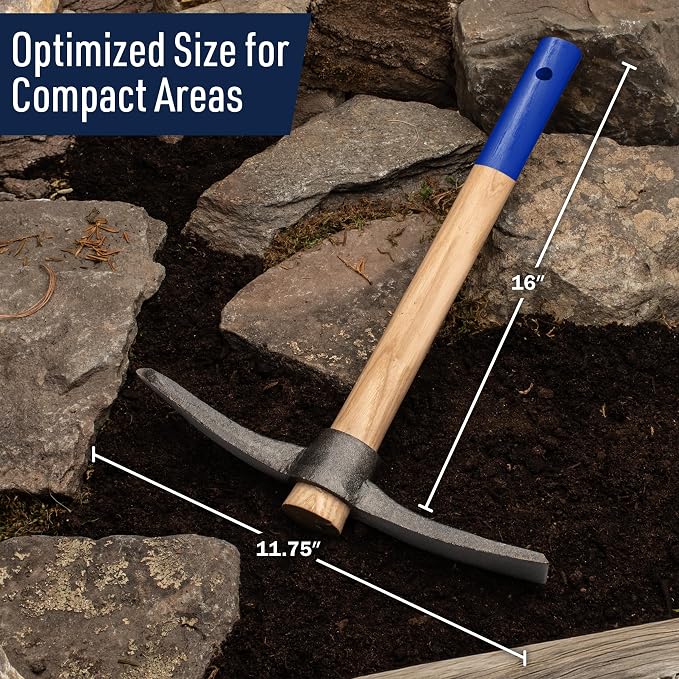 16” Hand Pick Axe - Forged Steel Pickaxe for Digging, Loosening Soil, or Weeding Tool - Dual Headed Adze Garden Hoe and Pick Mattock Digging Tool with Wood Handle by Kings County Tools
