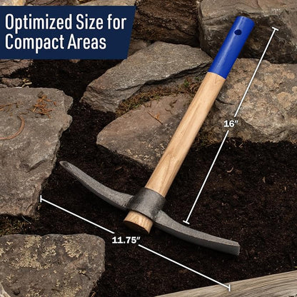 16” Hand Pick Axe - Forged Steel Pickaxe for Digging, Loosening Soil, or Weeding Tool - Dual Headed Adze Garden Hoe and Pick Mattock Digging Tool with Wood Handle by Kings County Tools