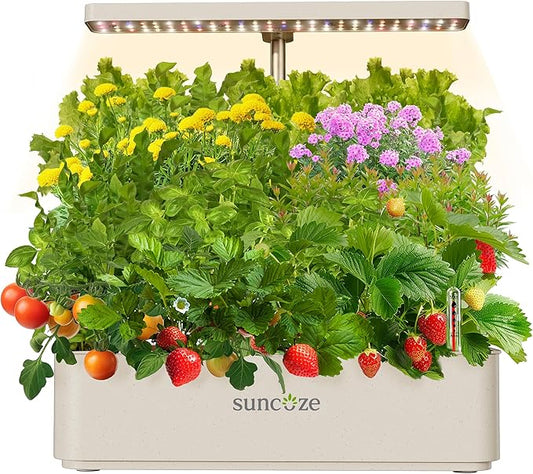 SUNCOZE Hydroponics Growing System Kit 12 Pods, 24W LED Grow Light Indoor Garden, 4L Water Tank with Quiet Pump, Adjustable Height Herb Garden Planter Indoor Kit, Gardening Gifts, Beige
