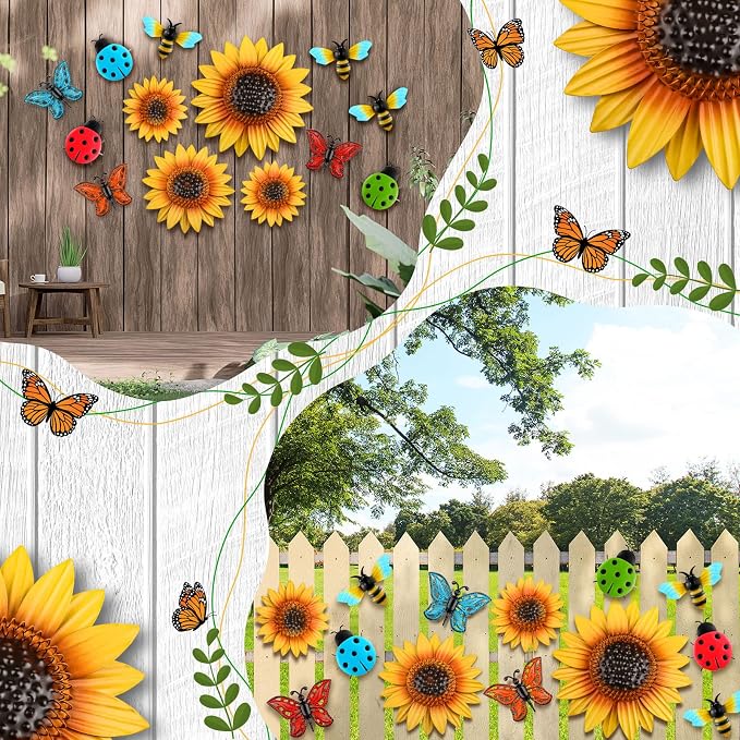 Sweetude 12 Pcs Metal Sunflower Wall Decor Colorful Metal Dragonfly Butterfly Outdoor Decor Garden Fence Patio Yard Flowers Wall Art Summer Flowers Hanging for Home VBS 2026(Novelty Style)