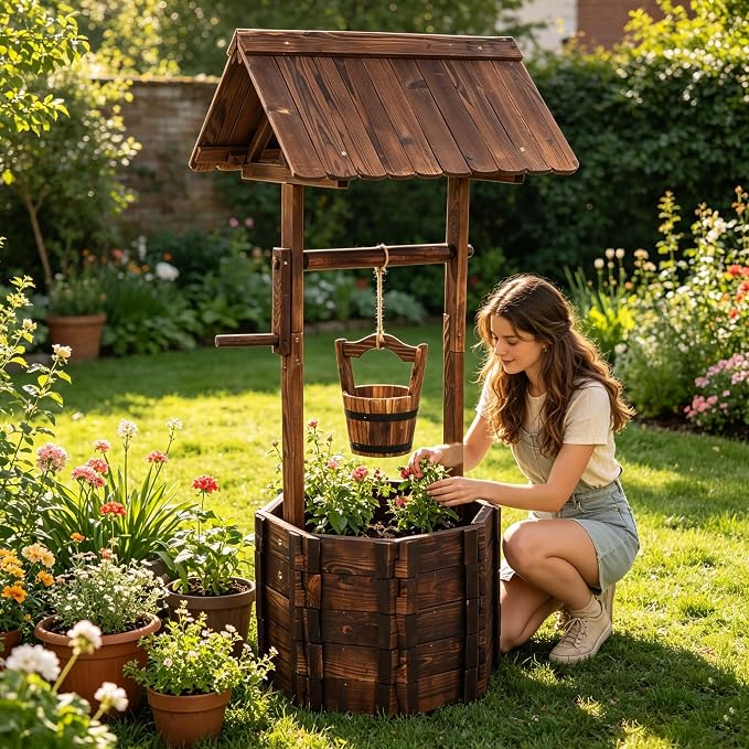 Wishing Well for Outside - Garden Wooden Decor Rustic Wishing Well Flower Pots, Height Adjustable Hanging Plant Pots with 2 Reinforced Rods for Patio Lawn Backyard Home Planters (Brown)