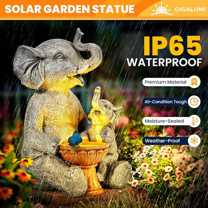 GIGALUMI Solar Garden Statues Bird Bath Elephant 9", Loving Elephant Decor, Yard Decorations Outdoor, Elephant Figurine Lights for Outside, Garden Decor Unique Housewarming Gifts for Women, Mom