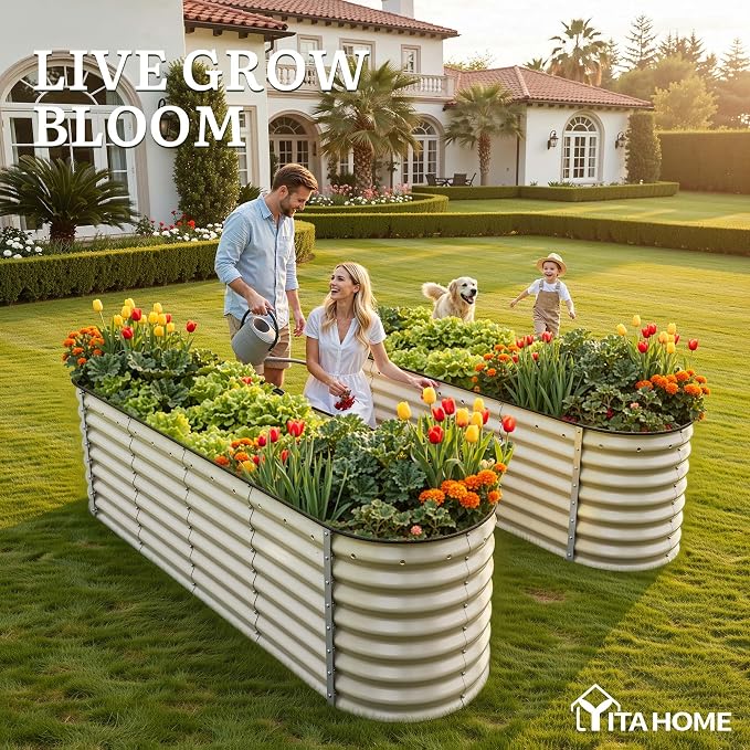 YITAHOME 8x2x2ft Galvanized Oval Raised Garden Bed, Metal Planter Box with Safety Rubber, Gloves, Outdoor Flower Bed for Planting Plants Vegetables, Cream Yellow
