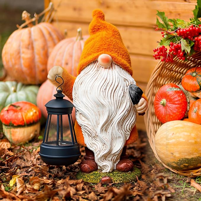 TERESA'S COLLECTIONS Fall Outdoor Decor, Fall Gnome Decor, Autumn Garden Gnomes Holding Lantern with Solar Lights,Waterproof Resin Outdoor Fall Decor, Fall Gifts Outdoor/Indoor,8"