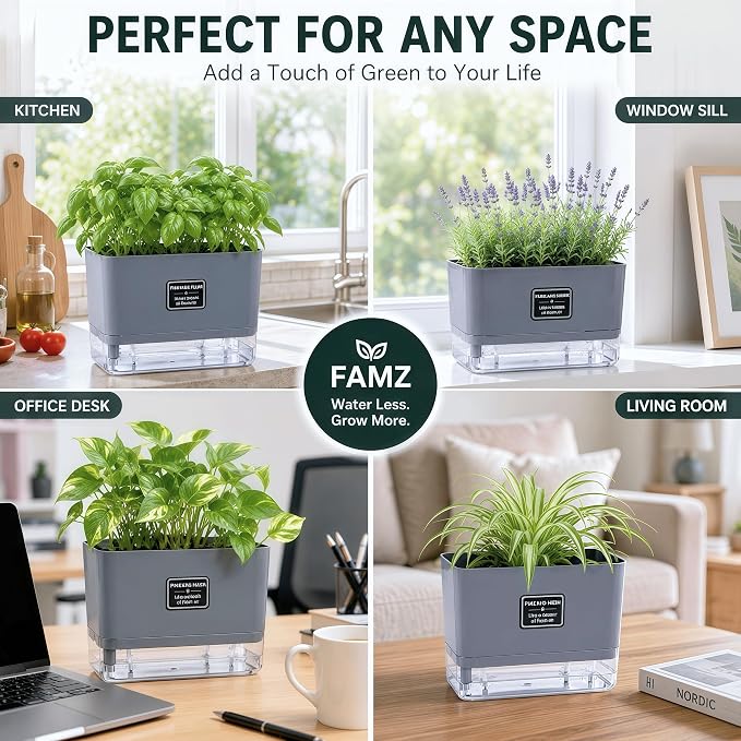 Self Watering Planters 4 Pack, 7 Inch Rectangle Plant Pots with Visible Water Reservoir, Indoor Outdoor Herb Planter Boxes for Windowsill，African Violets，Succulents，Flowers，Kitchen，Office，Balcony Gray