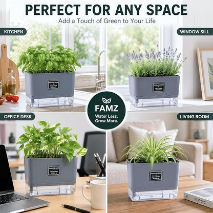 Self Watering Planters 4 Pack, 7 Inch Rectangle Plant Pots with Visible Water Reservoir, Indoor Outdoor Herb Planter Boxes for Windowsill，African Violets，Succulents，Flowers，Kitchen，Office，Balcony Gray
