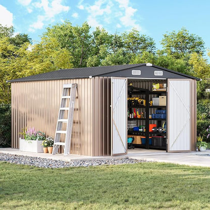 MXV 12 x 10FT Outdoor Storage Shed, Metal Garden Shed with Windows, Double Lockable Doors & Sloped Roof, Waterproof Tool Sheds for Backyard Garden Patio Lawn, Brown