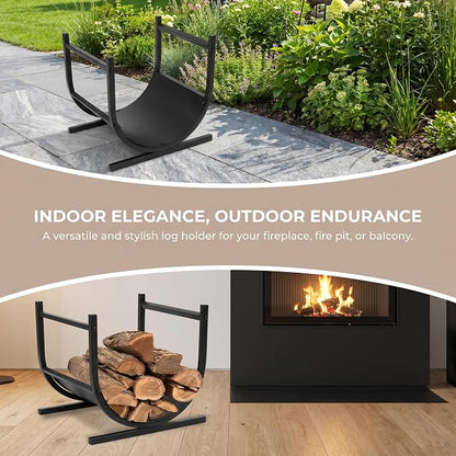 Firewood Rack Outdoor, 17 Inch U-shaped Firewood Storage Log Rack with Integrated Hooks, Wood Rack for Indoor Fireplace & Balcony (Black)