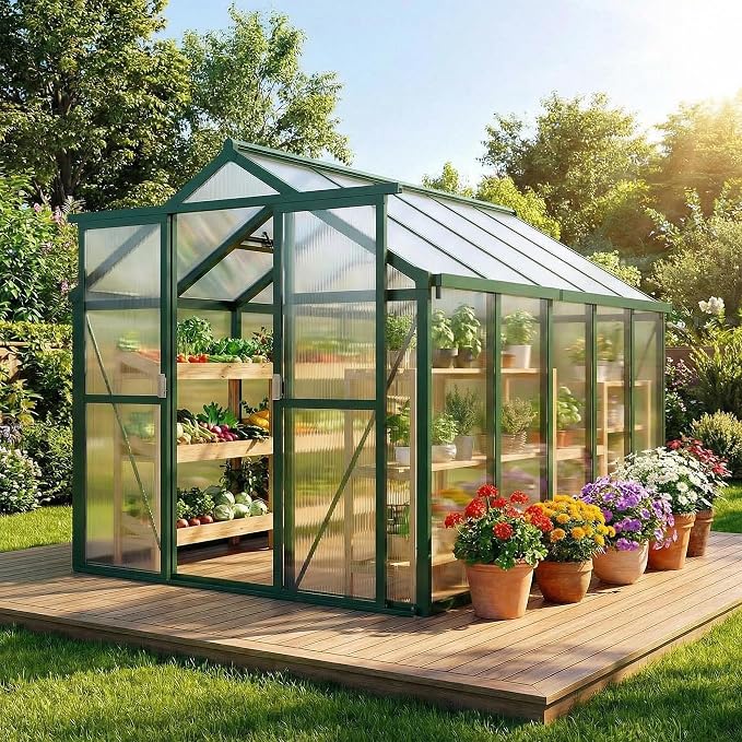 6x8 FT Greenhouse, Greenhouses for Outside, Polycarbonate Greenhouse with Aluminum Frame, Lockable Door and Ajustable Roof Vent for Backyard, Green Houses for Outside Garden Backyard, Patio