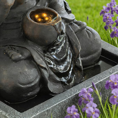 28" H Outdoor Buddha Waterfall Fountain, Freestanding Zen Style LED Water Feature with Relaxing Cascading Flow, Resin Asian Decor for Patio Garden Backyard Deck Home