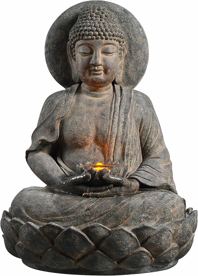 Teamson Home Buddha Zen Statue Water Fountain, Stone Gray | LED Light, Pump Included, Outdoor Patio Garden Backyard Decking, 28 Inch Height