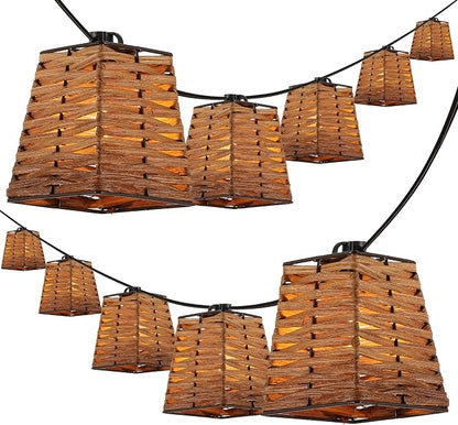 JONATHAN Y 10' Brown 10-Light Bamboo Square String Lights, Classic Vintage Indoor/Outdoor Geometric Lanterns for Patio Deck Porch, Coastal Farmhouse, LED Bulbs Included JYL8707A
