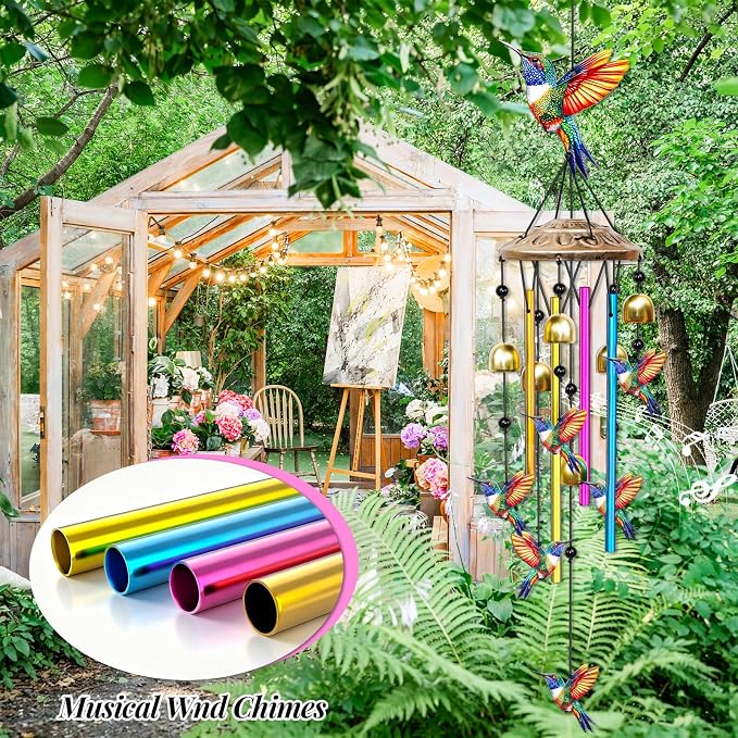 35" Wind Chimes for Outside, Hand-Tuned Aluminum Windchimes with 6 Bells & Hummingbird Decor, Rustproof Metal Chimes for Garden Patio Porch, Sympathy Memorial Gift(Hummingbird)