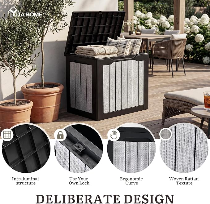 YITAHOME 30 Gallon Deck Box | 2-Pack Waterproof Resin Outdoor Storage Box with Lock, Doubles as Bench Seating for Patio Furniture Cushions,Garden Tools &