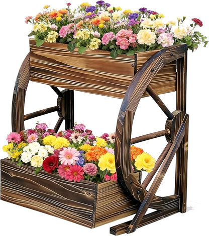 NestNature Wooden Wagon Planter Box|Rustic Planter Use On Indoor&Outdoor | 2-Tier Medium Solid Wood Planter-Flower Pot Use On Patio,Porch,Garden-Raised Garden Bed For Succulents, Herbs, Vegetables