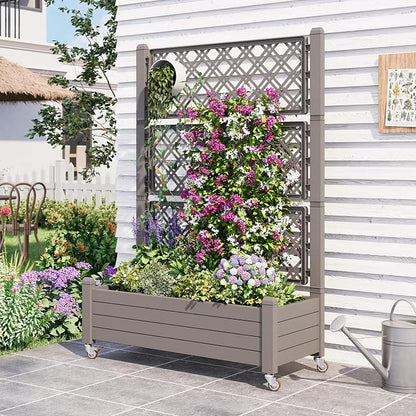 Fancyango Raised Garden Bed with Wheels 61.2" H -Gray | Resin Elevated Garden Planter Box with Trellis, Outdoor Planter Box for Veggies Herbs Patio Balcony Backyard