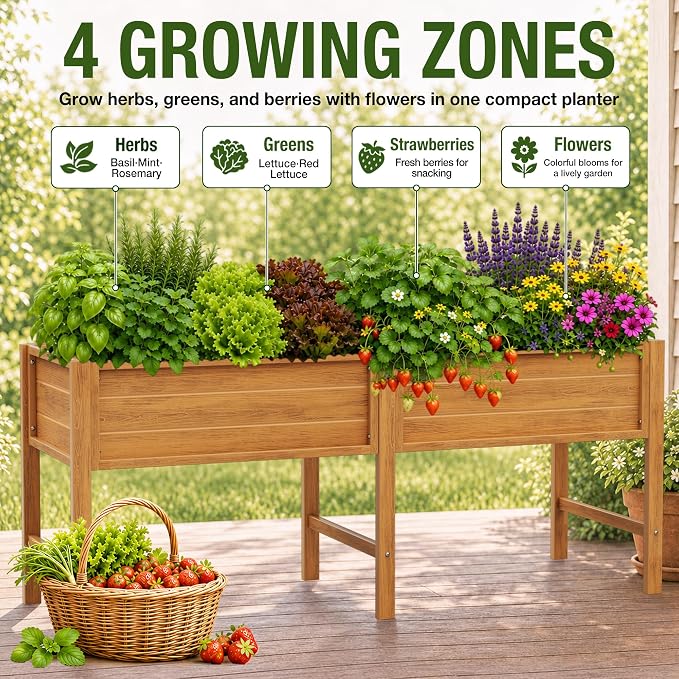 YEFU 72" Large Raised Garden Bed, Wood-Look HIPS 6ft Extra Large Bed, Teak | Extra Large Garden Bed for Backyard Growing, 6ft Design, Wood-Look HIPS, Drainage, 770 lbs High Capacity Support