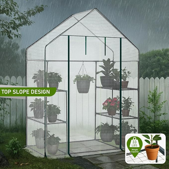 Outvita Walk-in Greenhouse, Outdoor Durable PE Plant Green House for Frost Protection with 3 Tiers 4 Shelves, Shelf Clips, Roll-up Zipper Door, 56"x29"x77" White