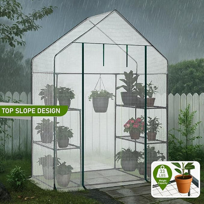 Outvita Walk-in Greenhouse, Outdoor Durable PE Plant Green House for Frost Protection with 3 Tiers 4 Shelves, Shelf Clips, Roll-up Zipper Door, 56"x29"x77" White