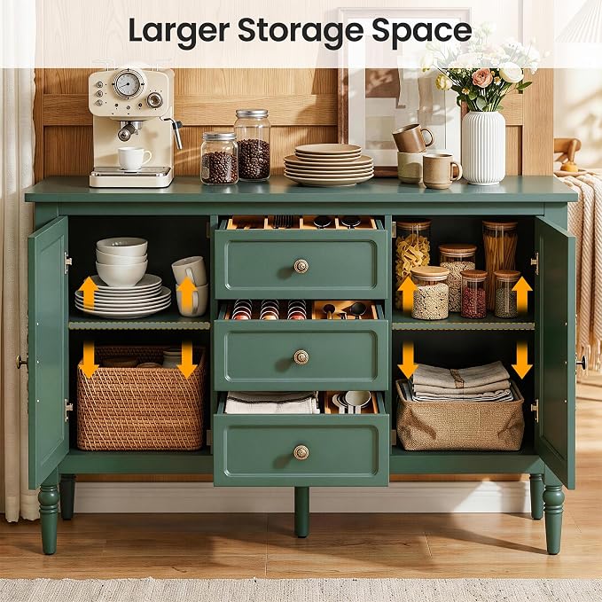 RoyalCraft Buffet Cabinet with 2 Doors & 3 Drawers, Vintage Sideboard with Storage, Painted Coffee Bar Table with Solid Wood Legs, Ideal for Kitchen, Living Room, Dining Room, Green
