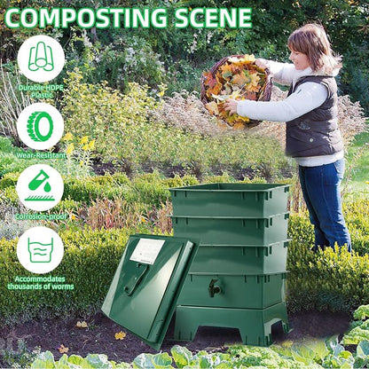 4-Tray Worm Compost Bin, Worm Composter for Outdoor & Indoor, ecocultivatify Wormie's Home, Worm Bin Set for Recycling Household Waste (Dark Green)
