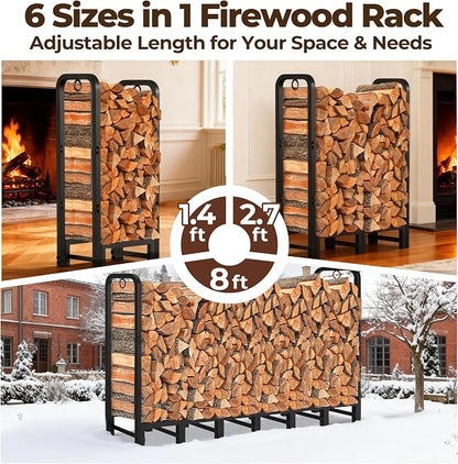 Amagabeli 8ft Firewood Log Rack Outdoor Heavy Duty Logs Holder for Fireplace Indoor Outdoor Adjustable Wood Racks for Fire Wood Holder Metal Pile Stand Storage Stacker Organizer Black