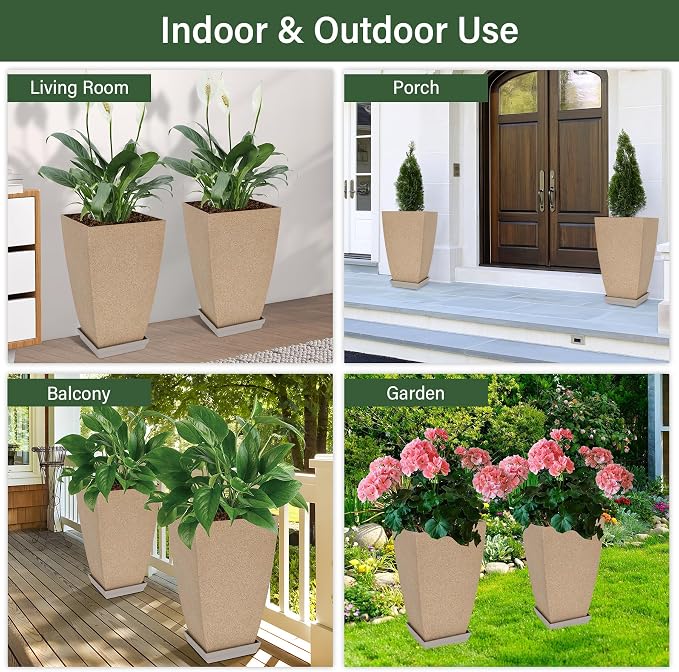Neoaider Set of 2 Tall Planter, 21 inch Large Plastic Planter, Marble | Ceramic-Look, Lightweight, Built-in Drain Hole, Saucers, Tall Outdoor Planter for Porch, Garden, Patio, Balcony