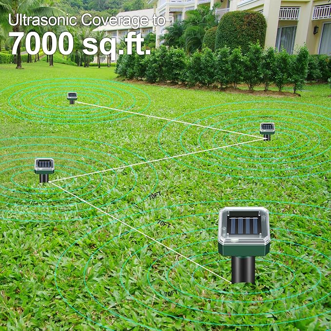 8 Pack Solar Powered Mole Repellent, Ultrasonic Outdoor Pest Repeller for Lawns & Gardens - Waterproof, Chipmunk, Vole, Gopher, Groundhog, Snake Deterrent (Dark Green)