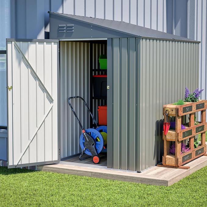 YOPTO 4x7 FT Lean to Storage Shed, Outdoor Metal Wall Side Storage Sheds with Lockable Door,Small Garden Tool Shed for Backayrd, Patio,Lawn,Easy Assembly,Gray