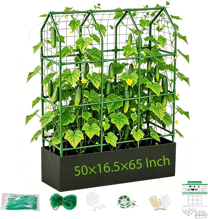 Large Cucumber Trellis with Grow Bag, 65" Tall Metal Garden Trellis for Climbing Plants Outdoor, Reusable Cucumber Trellis for Raised Bed with Netting for Tomatoes, Peas, Grapes Plant Support