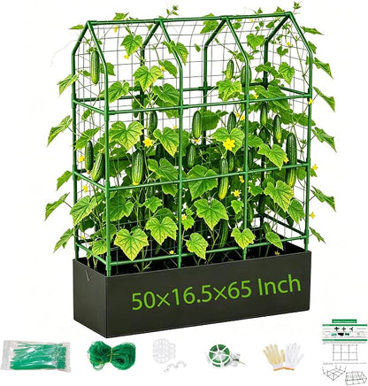 Large Cucumber Trellis with Grow Bag, 65" Tall Metal Garden Trellis for Climbing Plants Outdoor, Reusable Cucumber Trellis for Raised Bed with Netting for Tomatoes, Peas, Grapes Plant Support