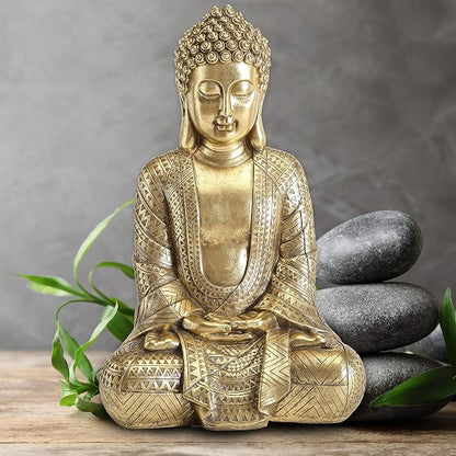 Large Gold Buddha Statue, 15.25 Inch Seated Meditation Sculpture