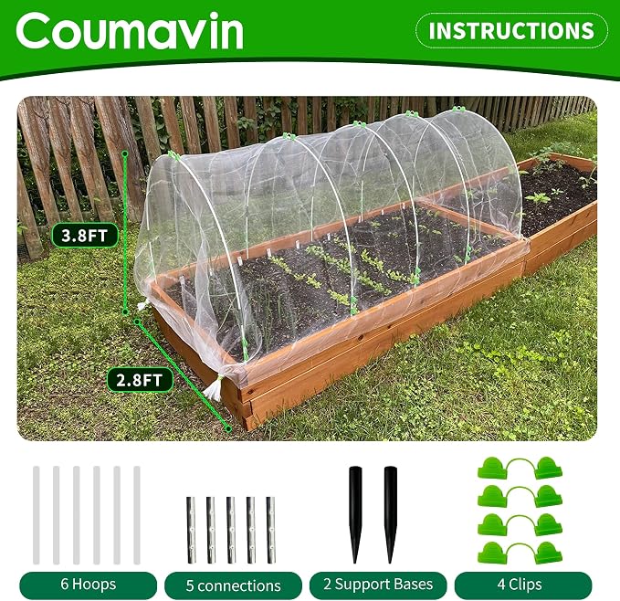 8FT Rust-Free Fiberglass Garden Hoops -36 PCS DIY Grow Tunnel Kit for Raised Beds, Row Cover Support with Connectors/Clips, Year-Round Plant Protection from Frost, White