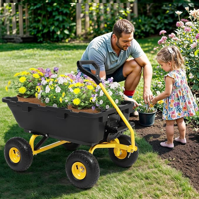 Garden Dump Cart Wheelbarrow 900Lbs, 10" All Terrain Tires Wagon | Upgrade Non-Slip Pneumatic Tires,DIY Expansion over 900LBS Capacity,Quick-Release Dumping, Steel Frame for Yard, Farm, Garden
