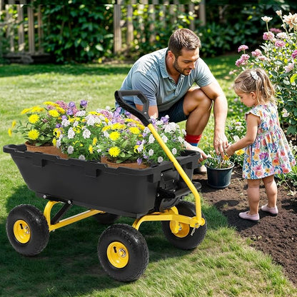 Garden Dump Cart Wheelbarrow 900Lbs, 10" All Terrain Tires Wagon | Upgrade Non-Slip Pneumatic Tires,DIY Expansion over 900LBS Capacity,Quick-Release Dumping, Steel Frame for Yard, Farm, Garden