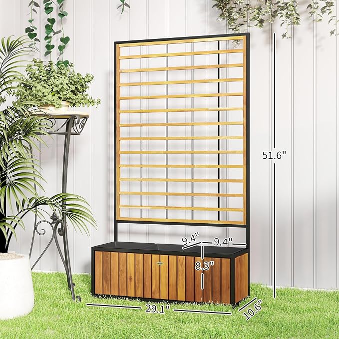 Outsunny Wooden Raised Garden Bed with Trellis, Removable Pots, Drainage Holes for Climbing Vines, Vegetables, Flowers, Raised Planter Box for Backyard, Patio, Balcony, 29 x 11 x 52 in., Teak