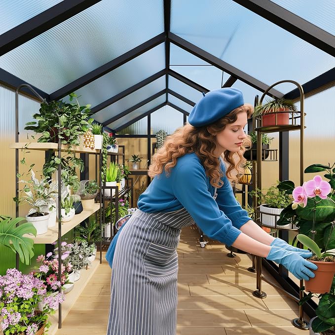 Garvee 6x10ft Walk-in Greenhouse, Heavy Duty Large Outdoor Green House | Polycarbonate Garden Greenhouse with Roof Vent, Lockable Outward-Opening Swing Door & Aluminium Frame for Backyard, Grey