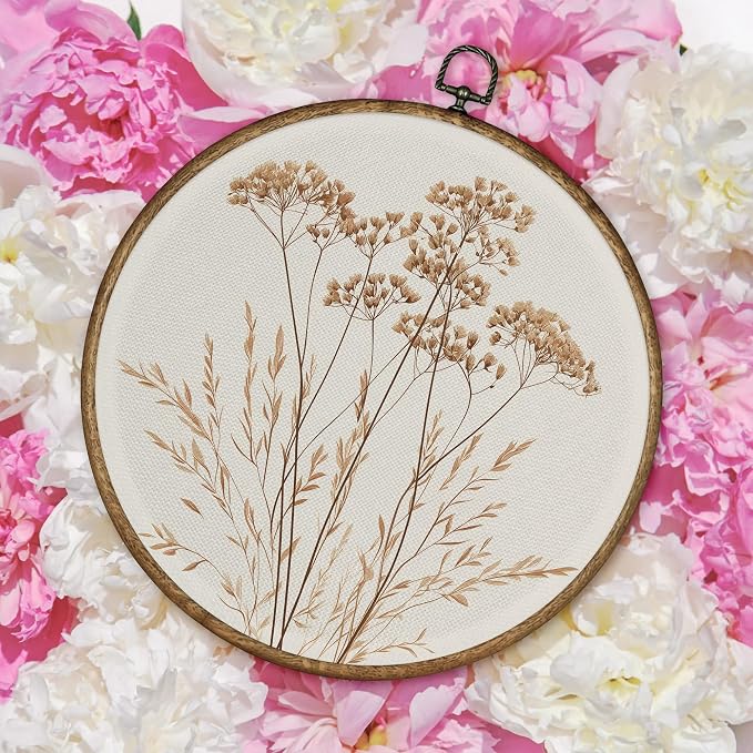 TLESKE Beige Vintage Botanical Round Wall Art Decor Framed 10x10, Boho Floral Wildflower Canvas Wall Art Prints Artwork, Fall Neutral Bohemian Wall Hanging Decor Decorations for Bedroom Living Room