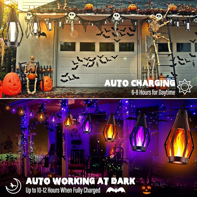 iBaycon 42Ft 15 LED Solar Flame Halloween String Lights, Warm White+Purple | Ultra-Real Flickering Flame Lamp Outdoor Waterproof, Solar Patio String Lights for Garden Yard Lawn Halloween Decorations