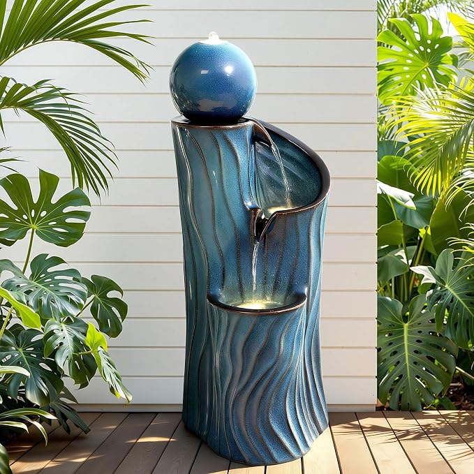32" H Ceramic Outdoor Water Fountain with Lights, Art Sphere Fountains for Outside, Soothing Cascading Waterfalls for Relaxing Garden Patio Yard or Porch Decor, Turquoise, Dynamic Wave-Texture