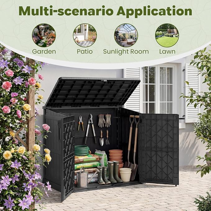 LHBcraft Waterproof Outdoor Storage Box 36 Cu Ft with Lockable Doors, Portable Horizontal Resin Storage Shed, Outdoor Storage Cabinet for Backyards