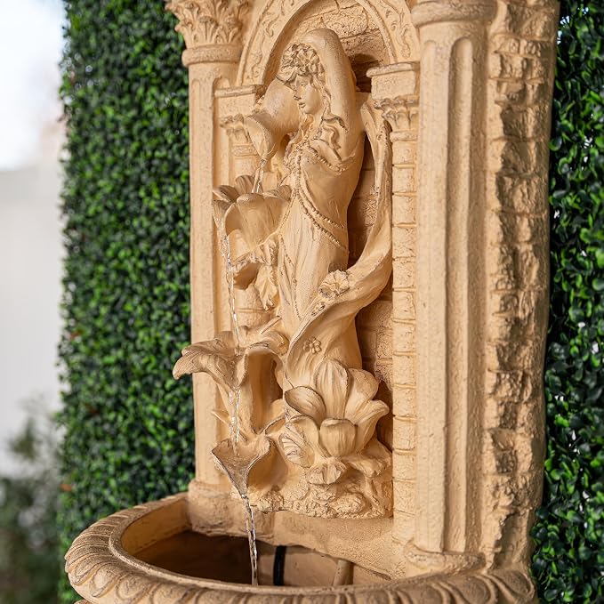 XBrand 30.3" Solar Pot Fountain, Tall Brown Maiden Holding Pot Wall Fountain, Outdoor Water Fountain, Polyresin