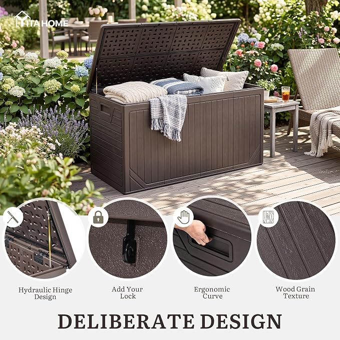 YITAHOME XXL 300 Gallon Extra Large OutdoorDeck Box, Lockable Resin Storage Box and Waterproof Patio Furniture Bin for Garden Tools & Pool Accessories, Brown