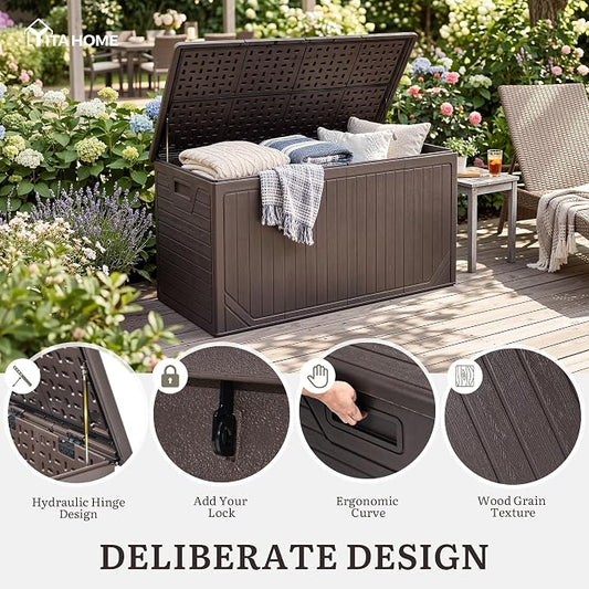 YITAHOME XXL 300 Gallon Extra Large OutdoorDeck Box, Lockable Resin Storage Box and Waterproof Patio Furniture Bin for Garden Tools & Pool Accessories, Brown