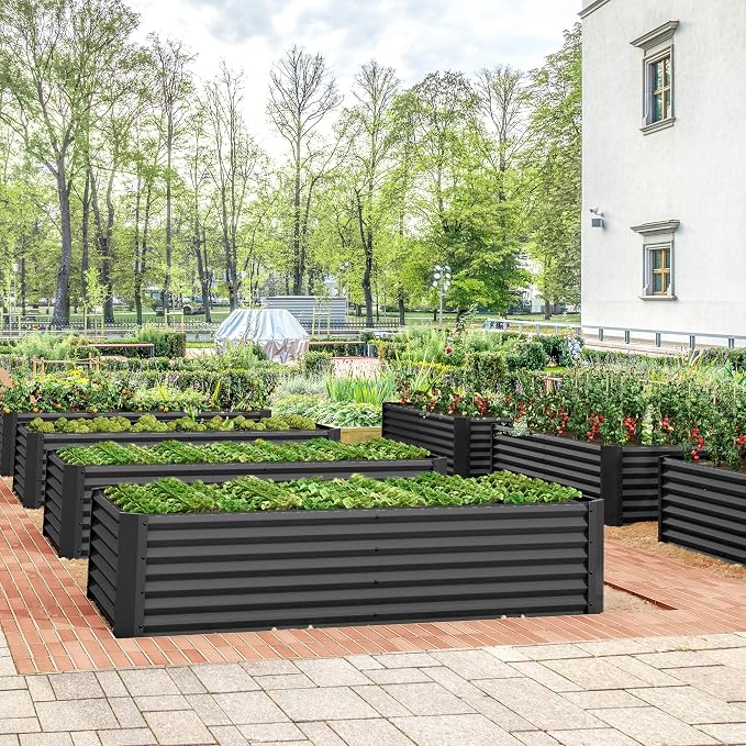 DWVO 8 x 4 x 1.5 FT Raised Garden Bed Kit, Outdoor Galvanized Flower Bed with Safety Rubber and Gloves, Large Metal Planter Box for Vegetables, Flowers, Herbs, Fruits, Black