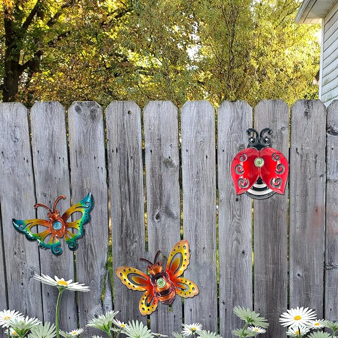 Garden Decor Butterfly Ladybug Bee Metal Wall Art, Hanging Wall Decoration | BVLFOOK; For Home; Garden; Porch; Patio Balcony Ornament; Outdoor; Birthday Gift, 3 Pack 9 Inch